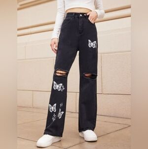 S • ROMWE • Black High Rise Jeans with Butterfly Print